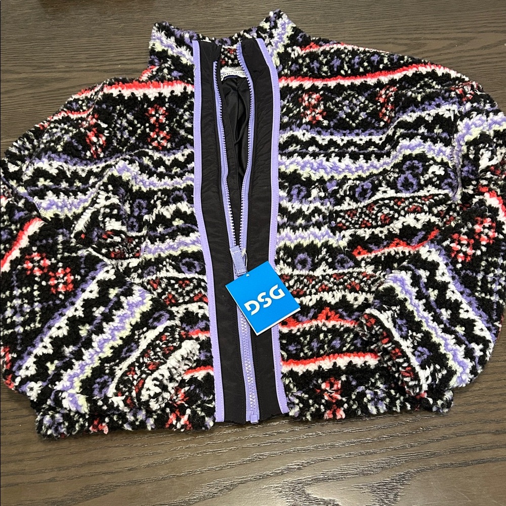 DSG Girls Black and Purple Patterned Teddy Jacket